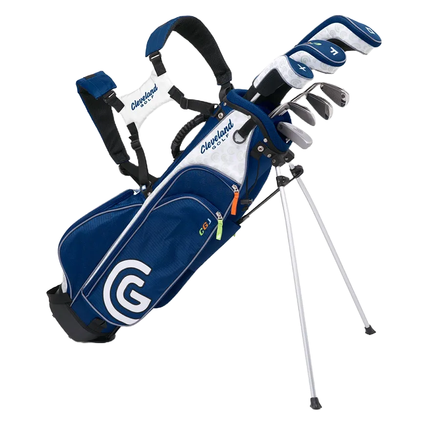 Junior set golf clubs in blue and white bag